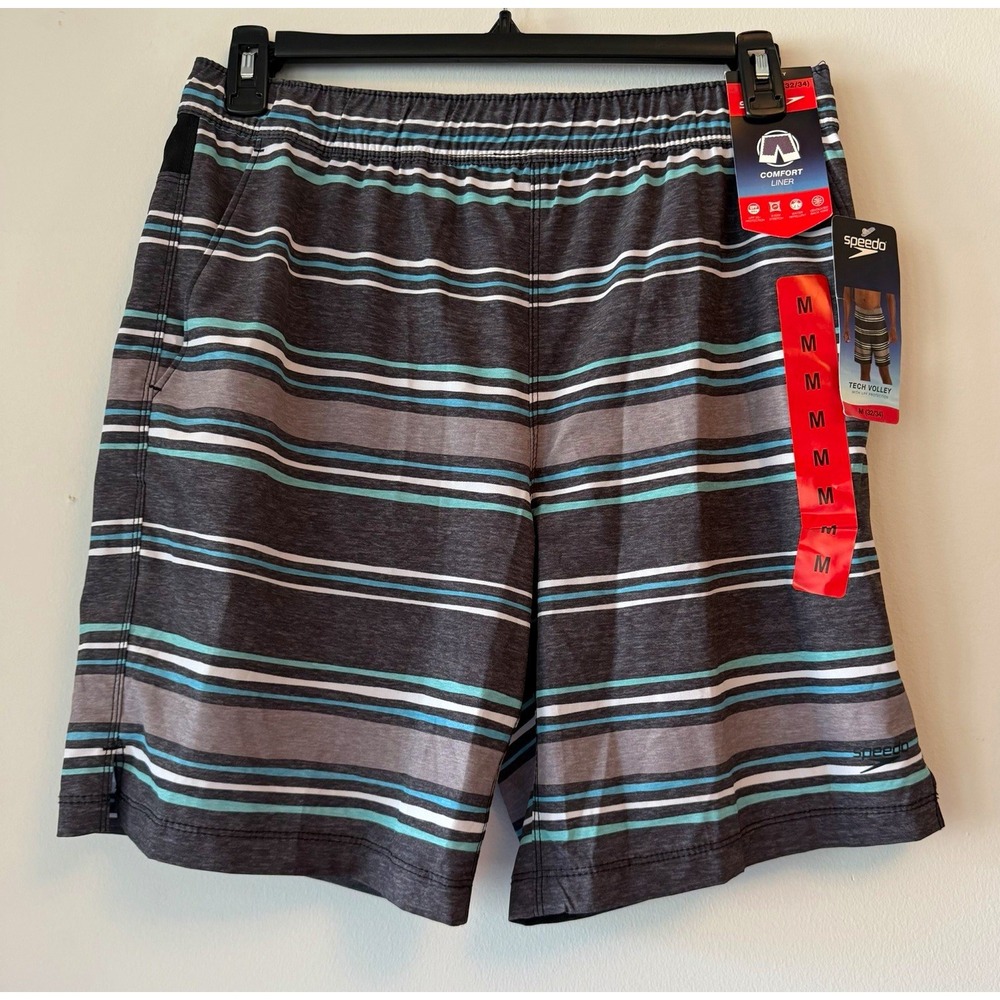 Speedo Tech Volley Men's Swim Shorts M Striped Gray Elastic Waist Lined Pockets